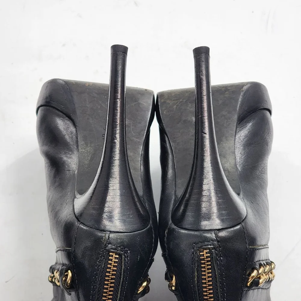 TORY BURCH Lysa Black‎ Leather Platform Chain Heeled Boots Size 9.5